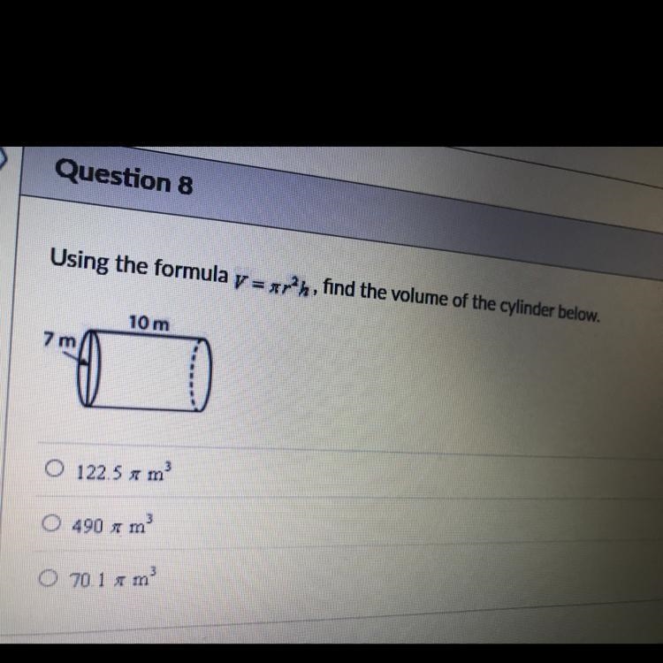 *PLEASE DON’T ANSWER WITH LINKS* using the formula v = π r2h find the volume of the-example-1