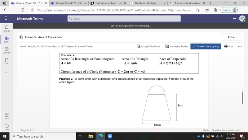 A semi-circle with a diameter of 6 cm sits on top of an isosceles trapezoid. Find-example-1