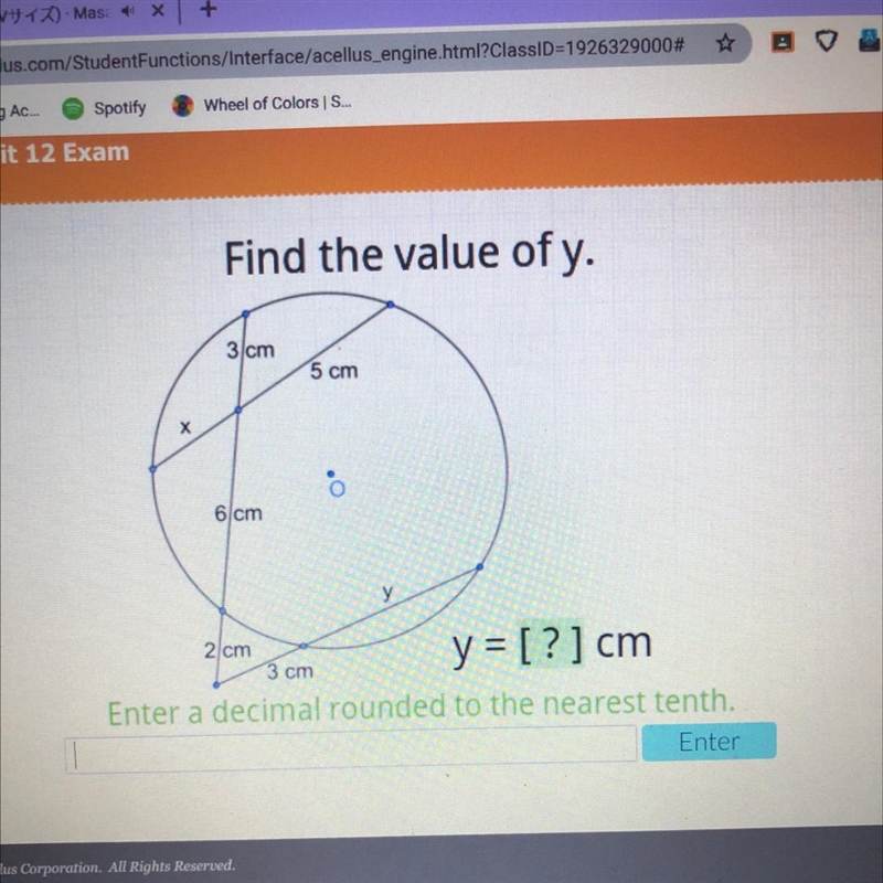 Find the value of y. 3 cm 5 cm X 6 cm у 2 cm 3 cm y = [?] cm Enter a decimal rounded-example-1