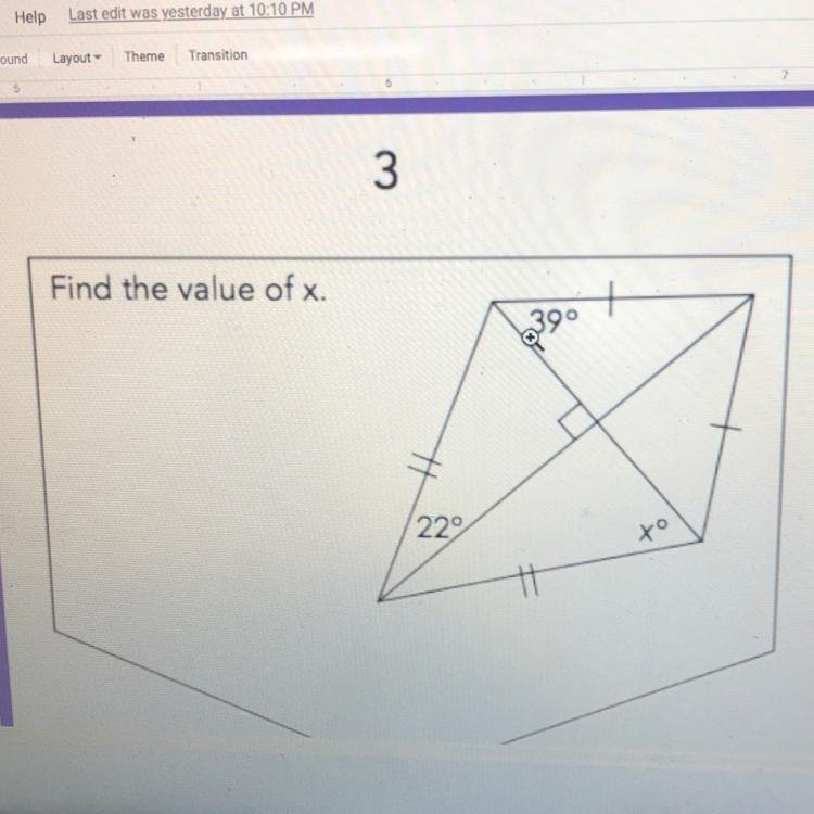 Find the value of x. 39° 22° x°-example-1