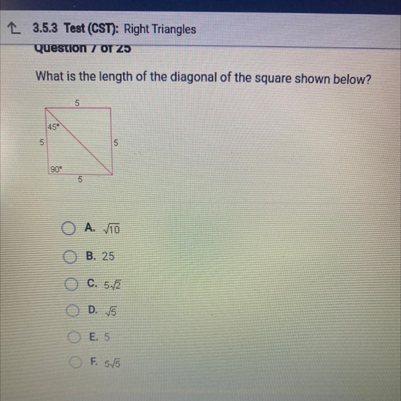 HELP PLEASE ASAP What is the length of the diagonal of the square shown below?-example-1