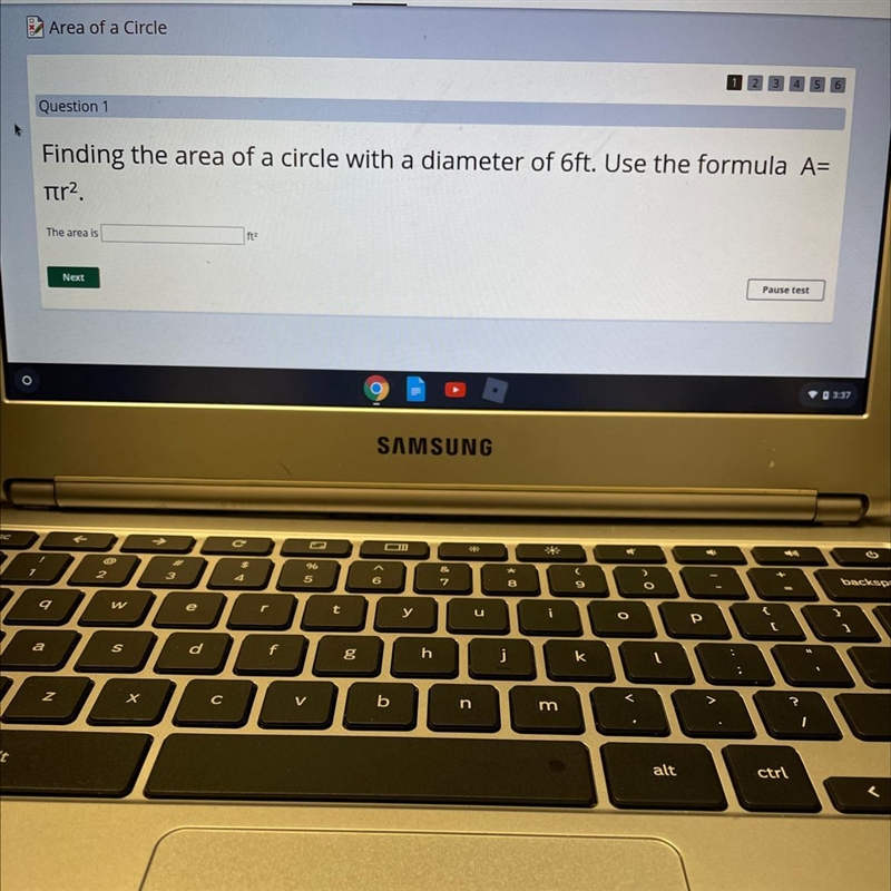 Finding the area of a circle with a diameter of 6ft. Use the formula A= πr2. HELP-example-1