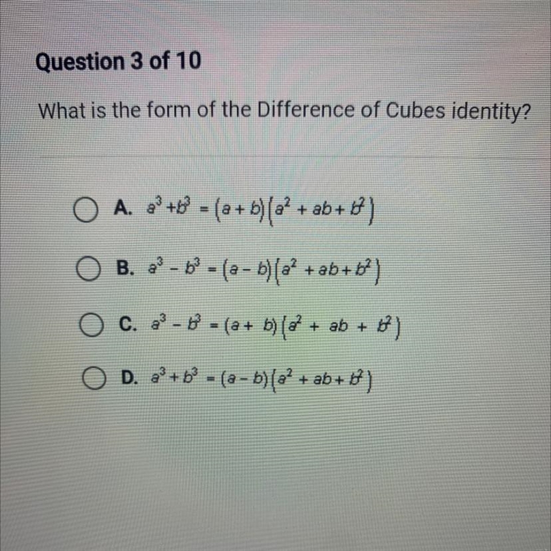 What is the form of the Difference of Cubes indentity?-example-1