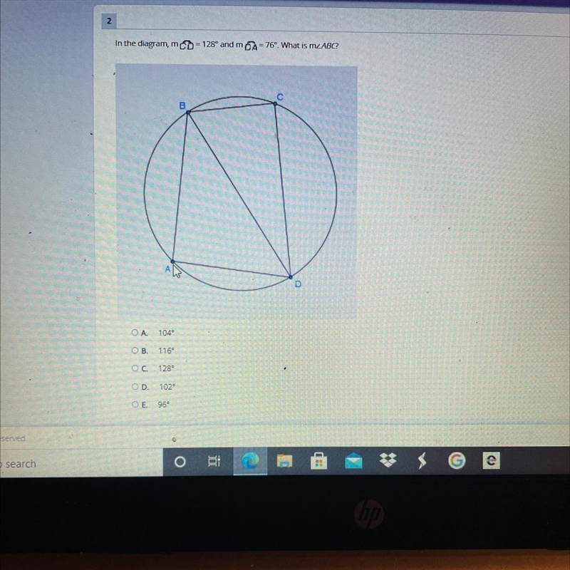 In the diagram, mcd=128º and mpA=76º. What is McABC?-example-1