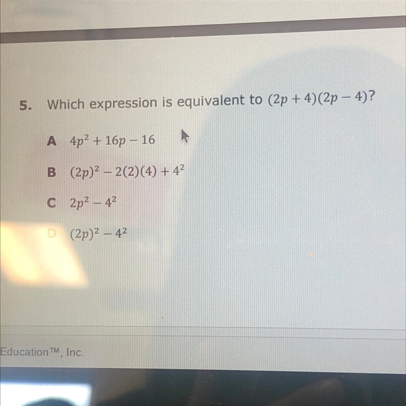 Which expression is equivalent to (2p + 4) (2p - 4)?-example-1