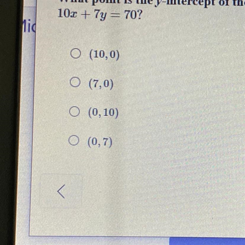 What point is the y intercept of the line represented by the equation 10x + 7y=70?-example-1