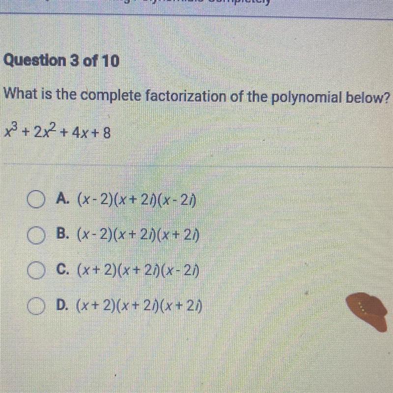 What is the complete factorization of the polynomial below? x3 + 2x2 + 4x + 8-example-1