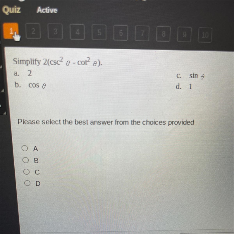 Simplify 2(csc^2 0-cot^2 0)-example-1