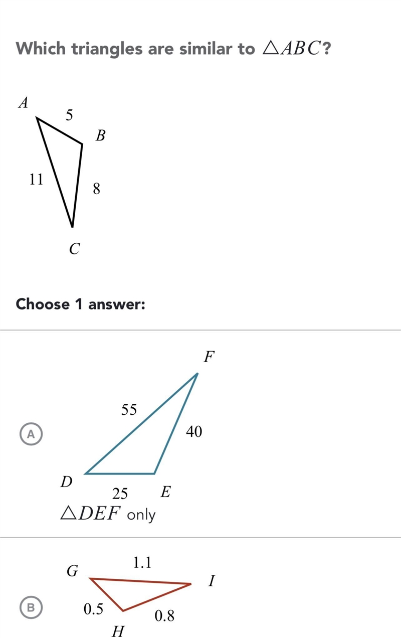 Which triangles are similar to triangle ABC ?-example-1