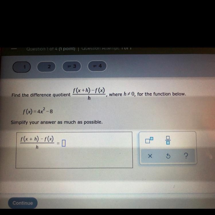 F(x+h)-f(x) Find the difference quotient h where h# 0, for the function below. f(x-example-1