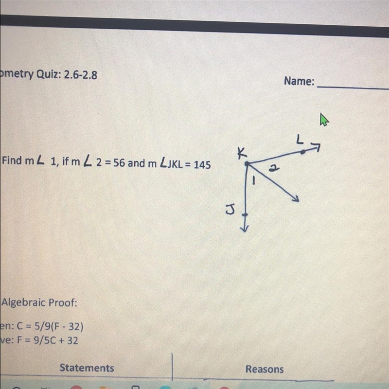 Find angle 1, if angle 2 = 56 and angle LJKL = 145-example-1