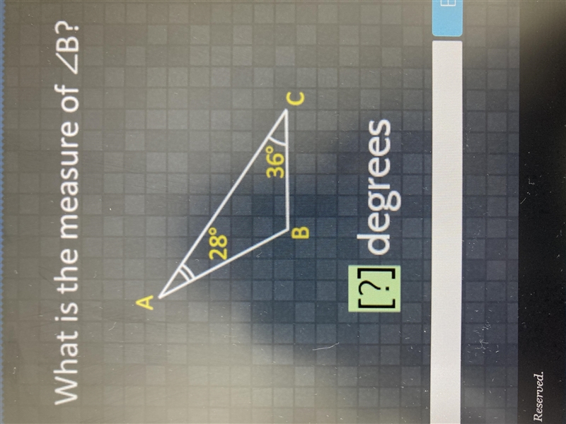 What is the measure of ∠B? A is 28 degrees C is 36 degrees-example-1