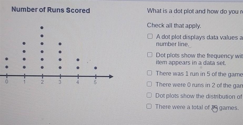 What is a dot plot and how do you read it? Check all that apply. O A dot plot displays-example-1