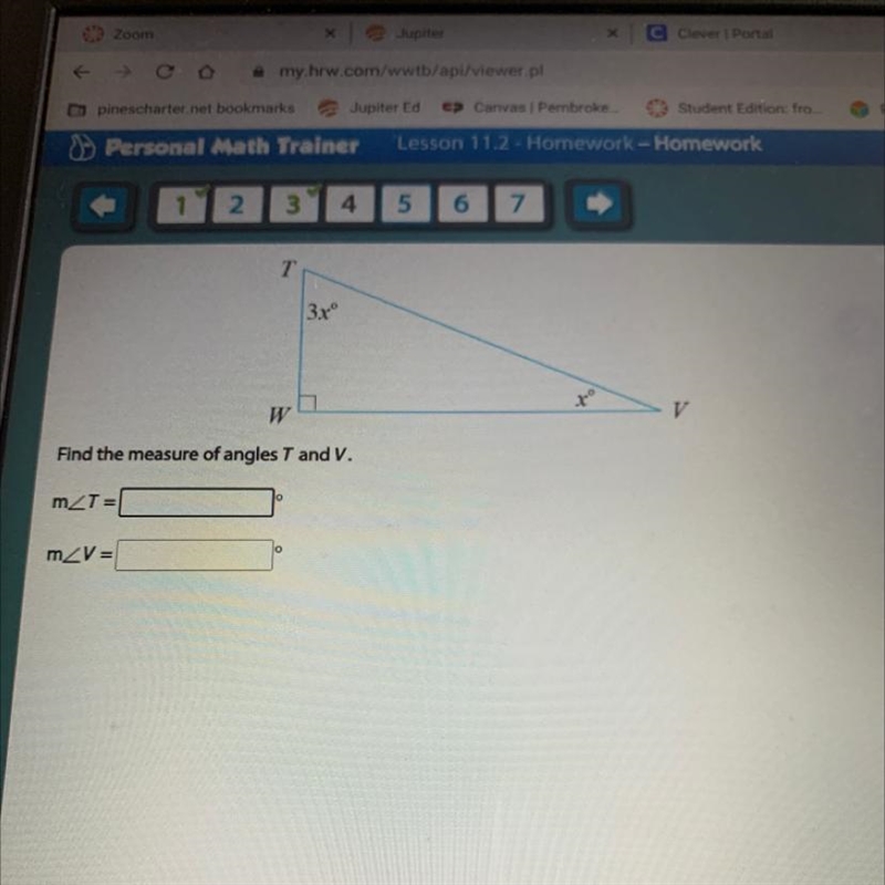 T |3x° -- V W Find the measure of angles T and V. mZT= o mZV=-example-1