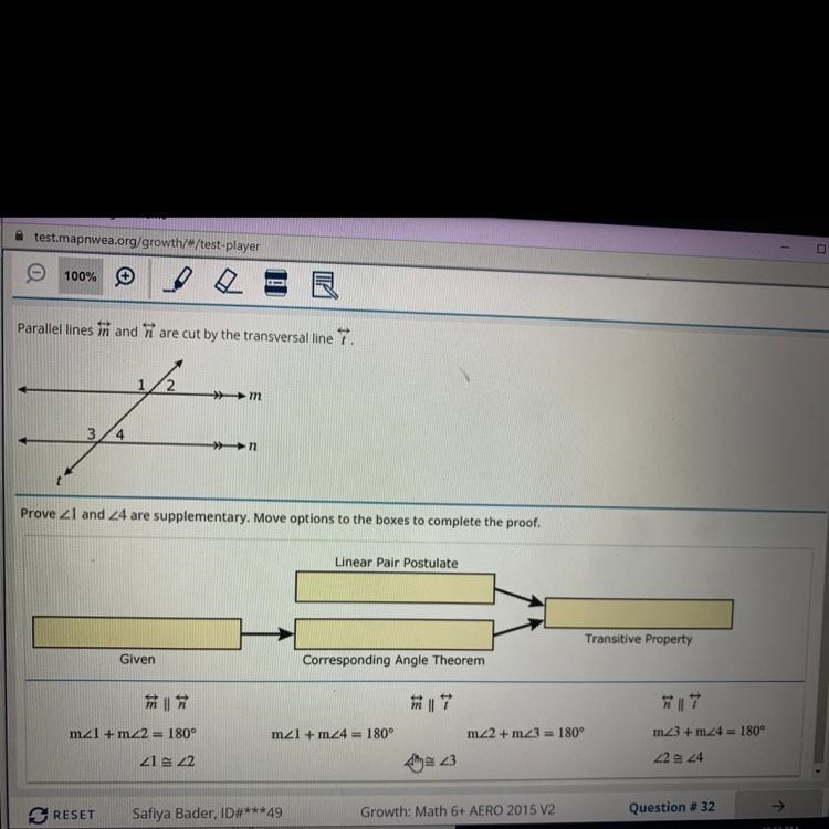 Prove 21 and 24 are supplementary. Move options to the boxes to complete the proof-example-1