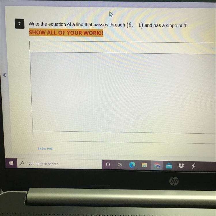 Write the equation of a line the passes through (6,-1) and has a slope of 3 PLEASE-example-1