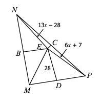 If E is the circumcenter of ∆MNP, find the value of x.-example-1