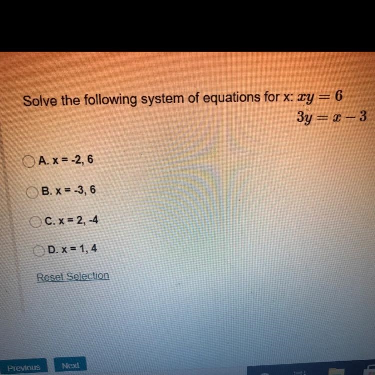 Solve the following system of equations for x: xy = 6 3y = x - 3-example-1