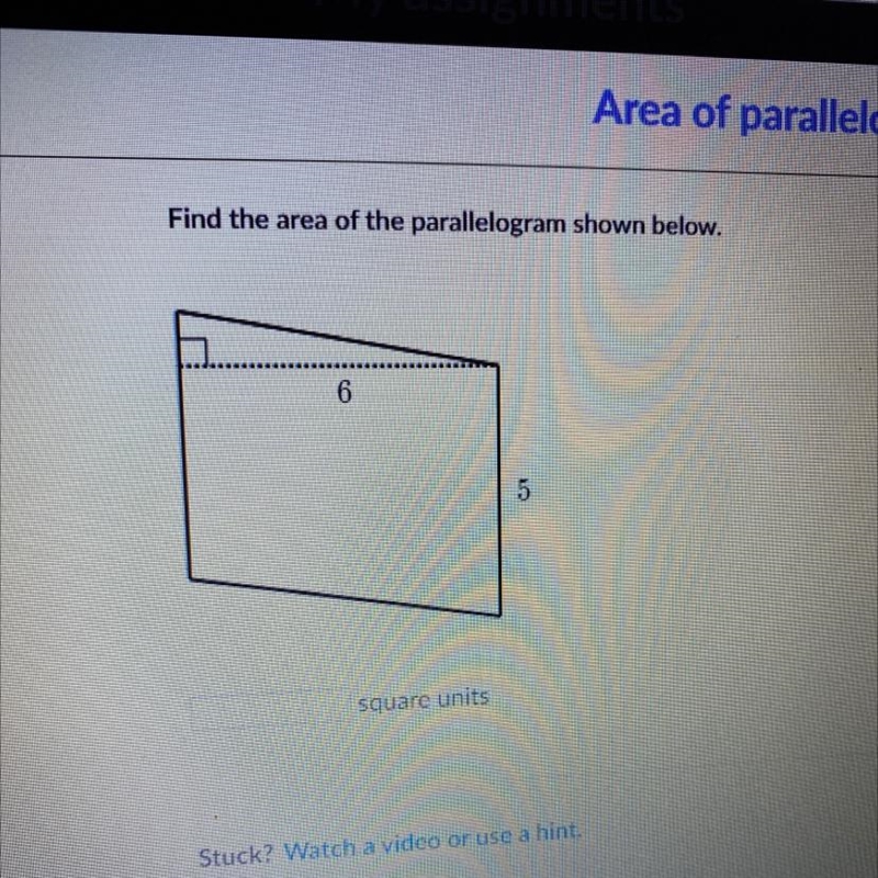 Find the area of the parallelogram shown below. 6 5-example-1