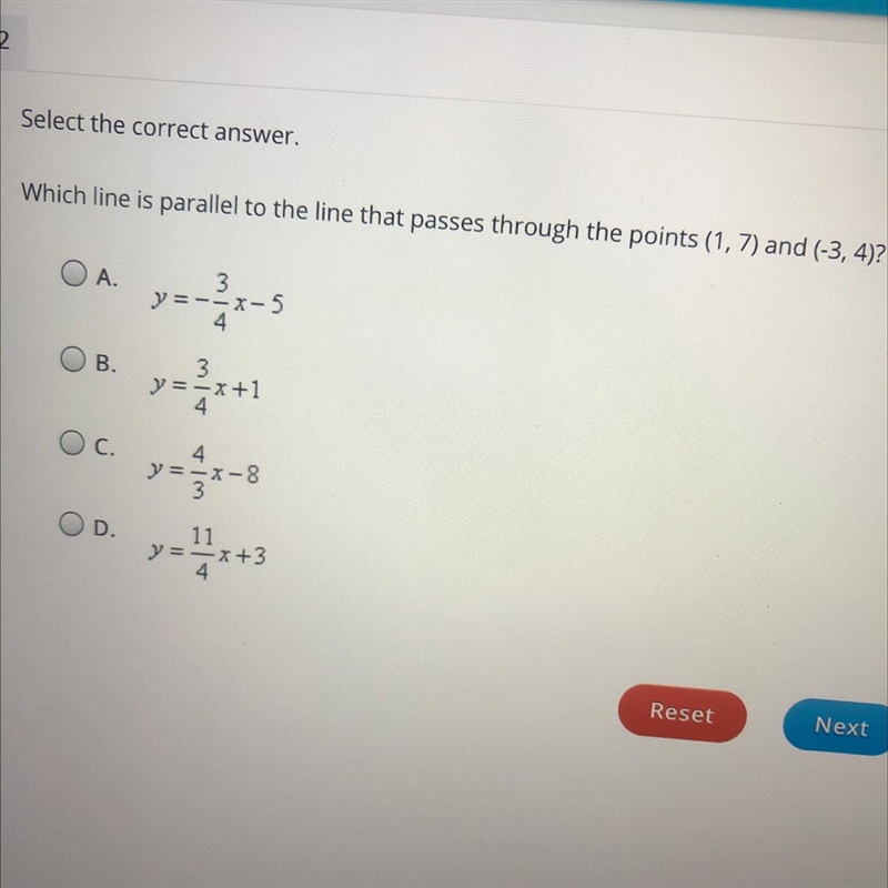 Which line is parallel to the line that passes through the points (1,7) and (-3, 4)?-example-1