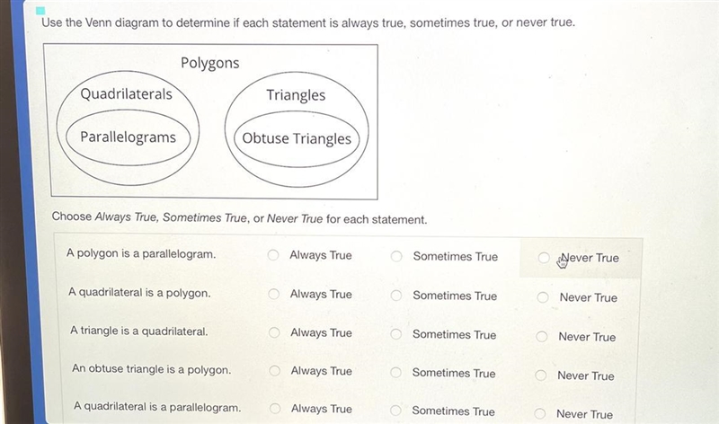 Use the Venn diagram to determine if each statement is always true, sometimes true-example-1