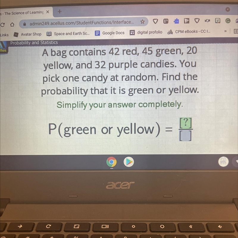 A bag contains 42 red,45 green, 20 yellow and 32 purple candies you pick one candy-example-1