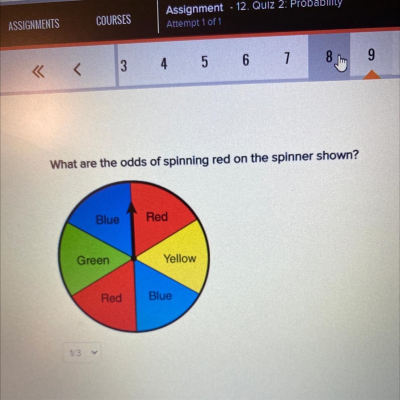 What are the odds of spinning red on the spinner shown? Blue Red Green Yellow Red-example-1