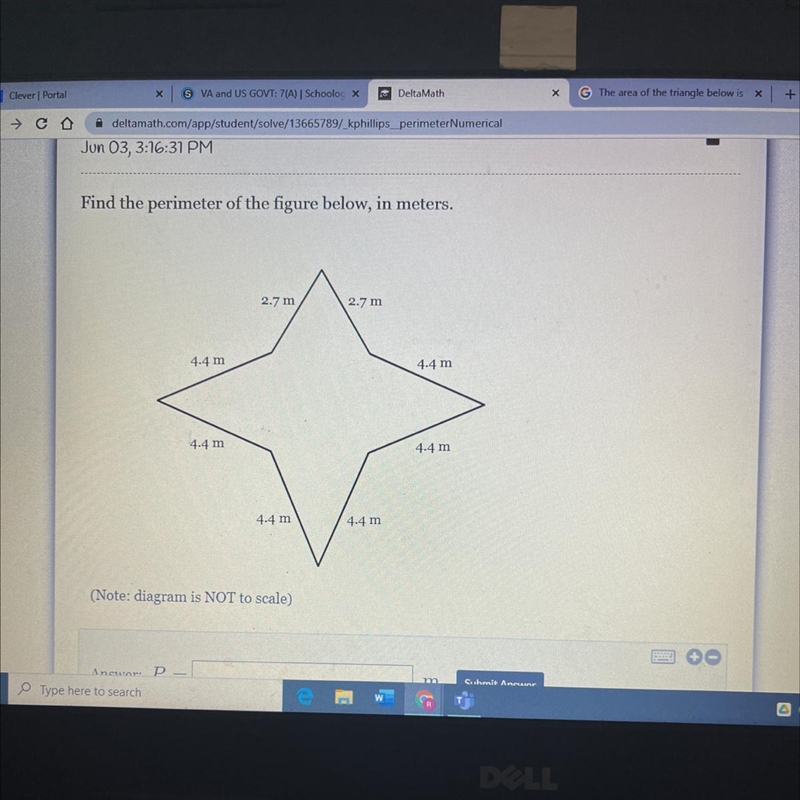 Find the perimeter of the figure below, in meters. 2.7 m 2.7 m *4m-example-1