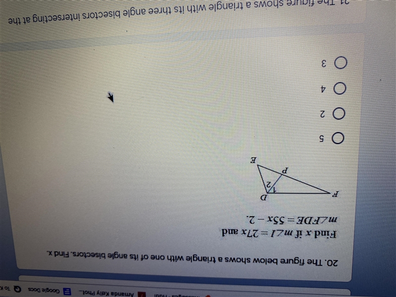 The figure below shows a triangle with one of its angle bisected. Find x.-example-1