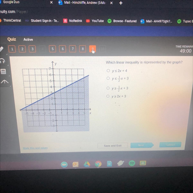 Which linear inequality is represented by the graph? O y s 2x + 4 Oys2x+3 O y z 2 / 3x-example-1