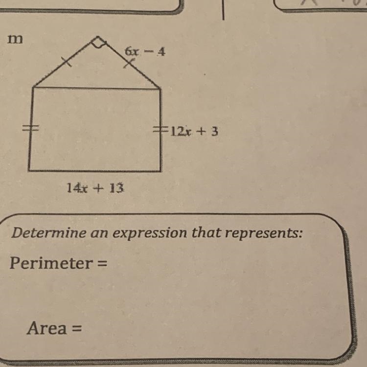 M 6x - 4 F12x + 3 14r + 13 Determine an expression that represents: Perimeter = Area-example-1