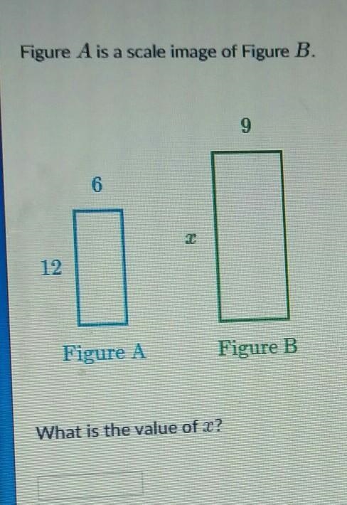 Figure A is a scale image of Figure B. 6 12 Figure A 9 x Figure B What is the value-example-1