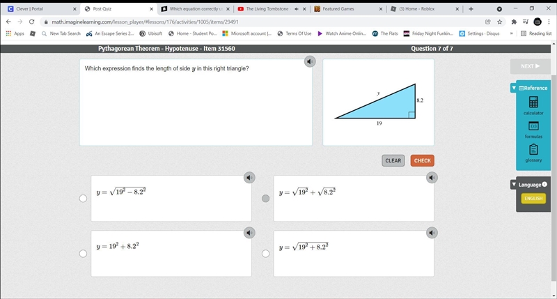 Which expression finds the length of side y in this right triangle?-example-1