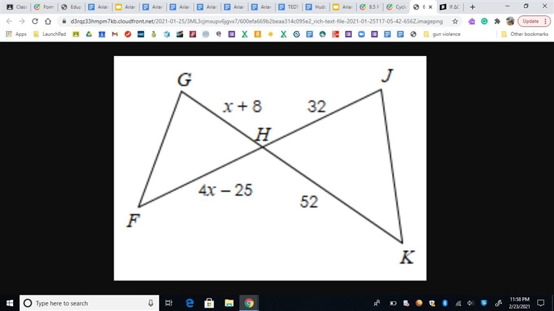 If ΔFGH ~ ΔKJH, find x.-example-1