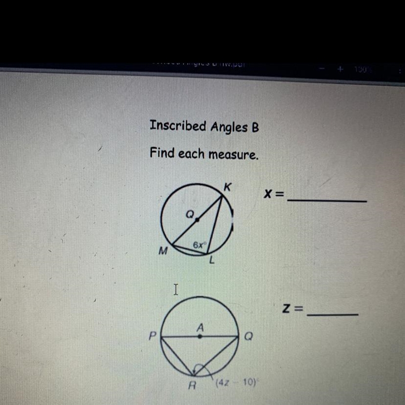 Inscribed Angles B Find each measure. K X= 6x M L-example-1