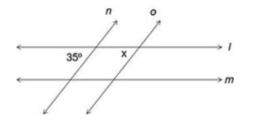 If x = 35°, which two lines can be proven parallel? a)n and o b)l and m c)n and l-example-1