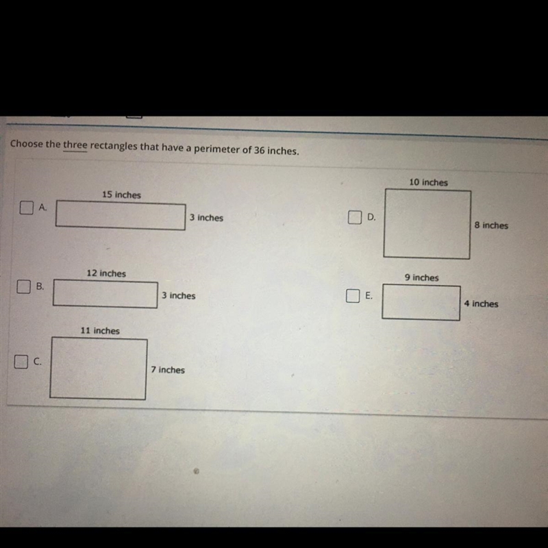 Choose the three rectangles that have a perimeter of 36 inches.-example-1