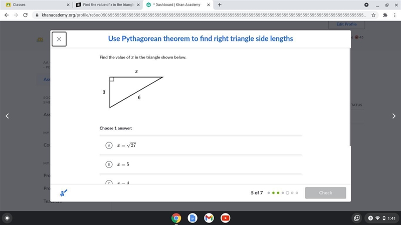 Find the value of x in the triangle shown below. a. x=27 b. x=5 c. x= 4 d. x=18-example-1