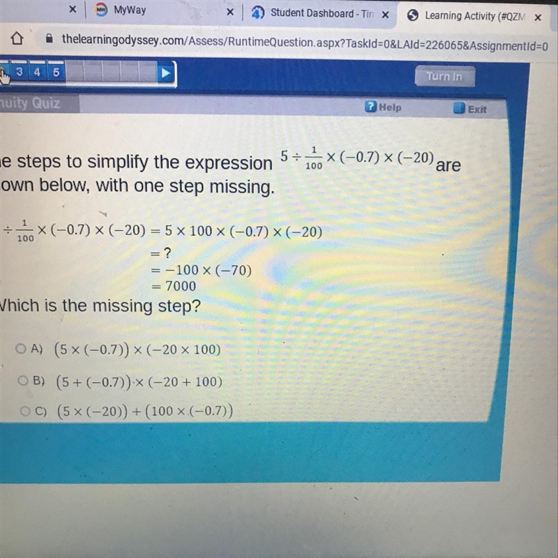 The steps to simplify the expression 5÷1 over 100 times-0.7 times -20 oh shown below-example-1