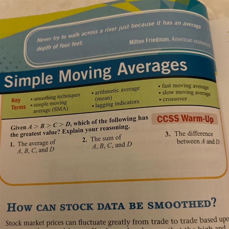 HELPPPP!!! 4 Simple Moving Averages Key Terms • arithmetic average (mean) • lagging-example-1