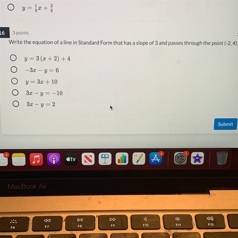 write the equation of a line in standard form that has a slope of 3 and passes through-example-1