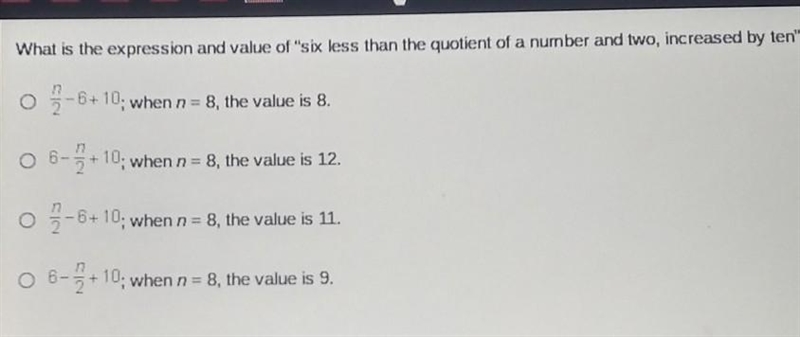 What is the expression and value of "six less than the quotient of a number and-example-1