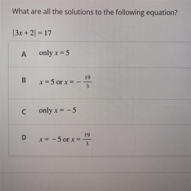 What are all the solutions to the following equation? |3x + 2| = 17 VIEW IMAGE FOR-example-1