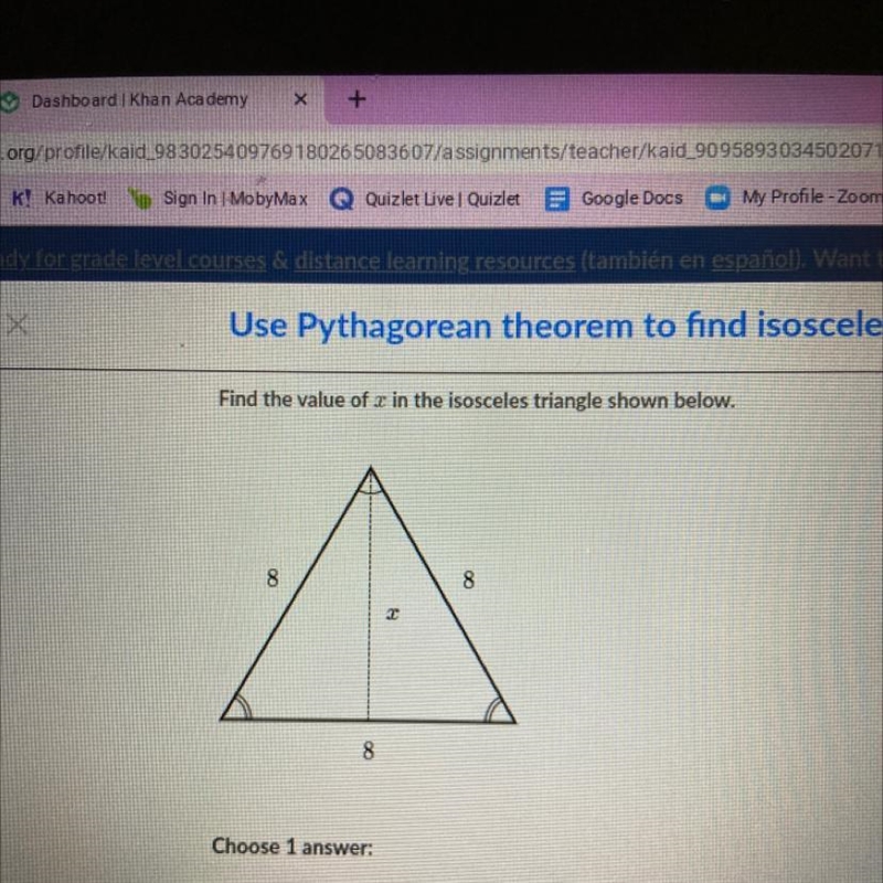 Find the value of win the isosceles triangle shown below. 8 8 7 8 LA Choose 1 answer-example-1