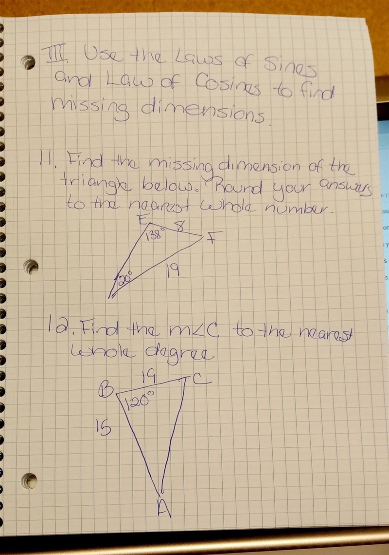 Use the laws of Sines and law of cosines to find missing dimensions​-example-1