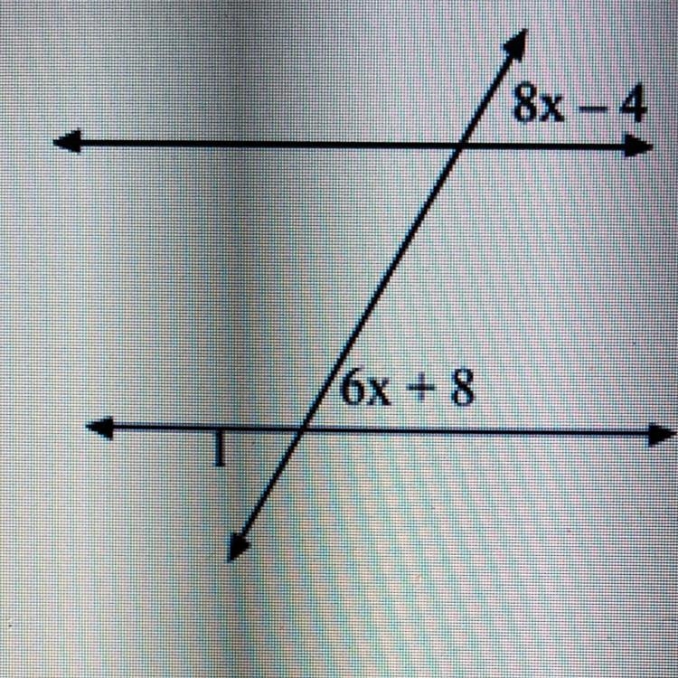 Find the measure of angle 1 8x-4 and 6x+8 A. 136 degrees B. 28 degrees C. 44 degrees-example-1