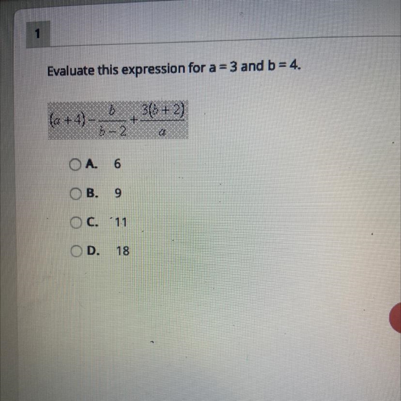 Evaluate this expression for a = 3 and b = 4. (a + 4) b 3(8 + 2) + b-2 ad A. 6 B. 9 O-example-1