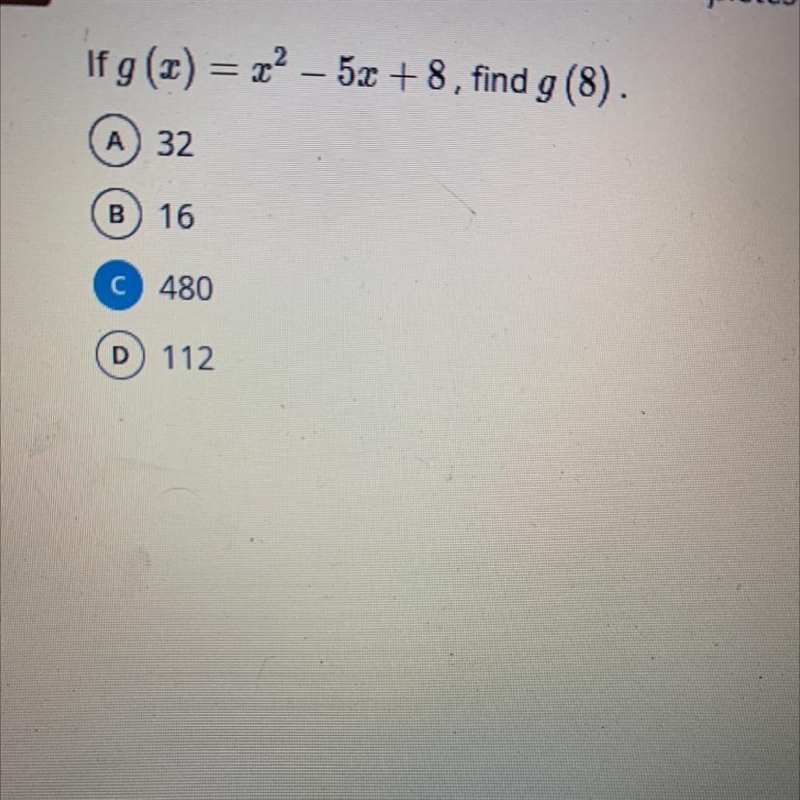 If g(x)=x^2-5x+8, find g(8)-example-1