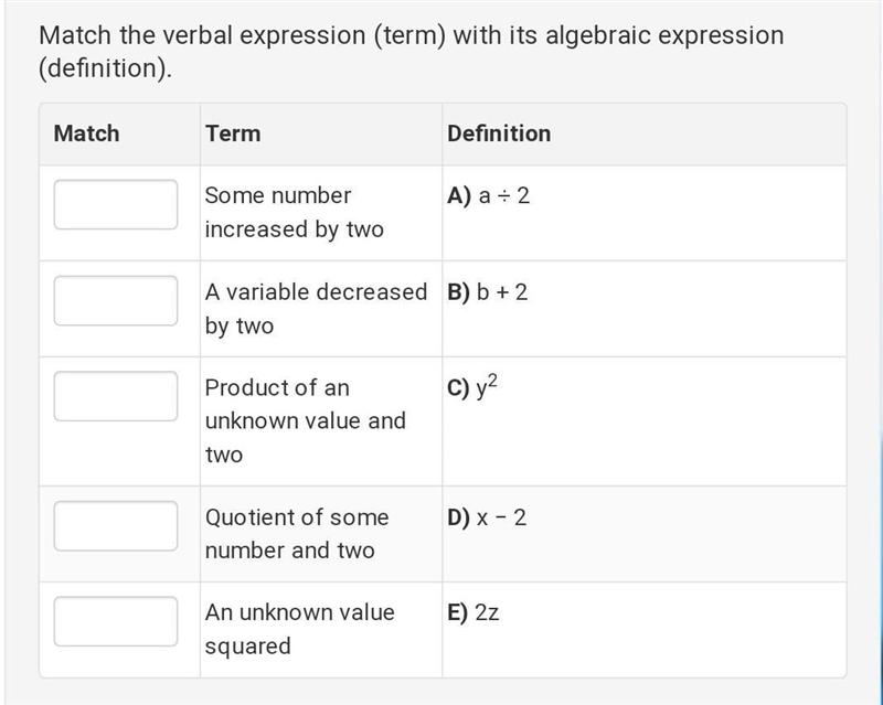 Please help picture included Match the verbal expression (term) with its algebraic-example-1