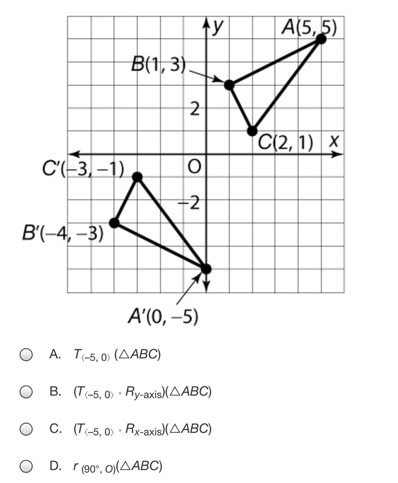 Which transformation or sequence of transformations maps ABC to A'B'C' ?-example-1